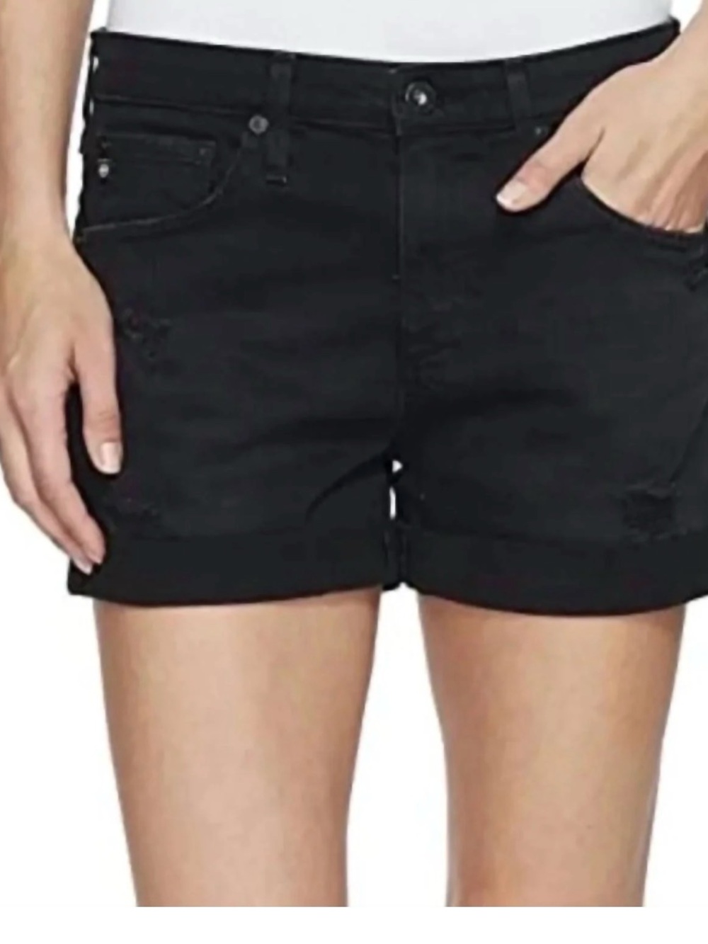 AG Adriano Goldschmied Black Hailer Ex Boyfriend Rolled Cuff Denim Shorts. 27